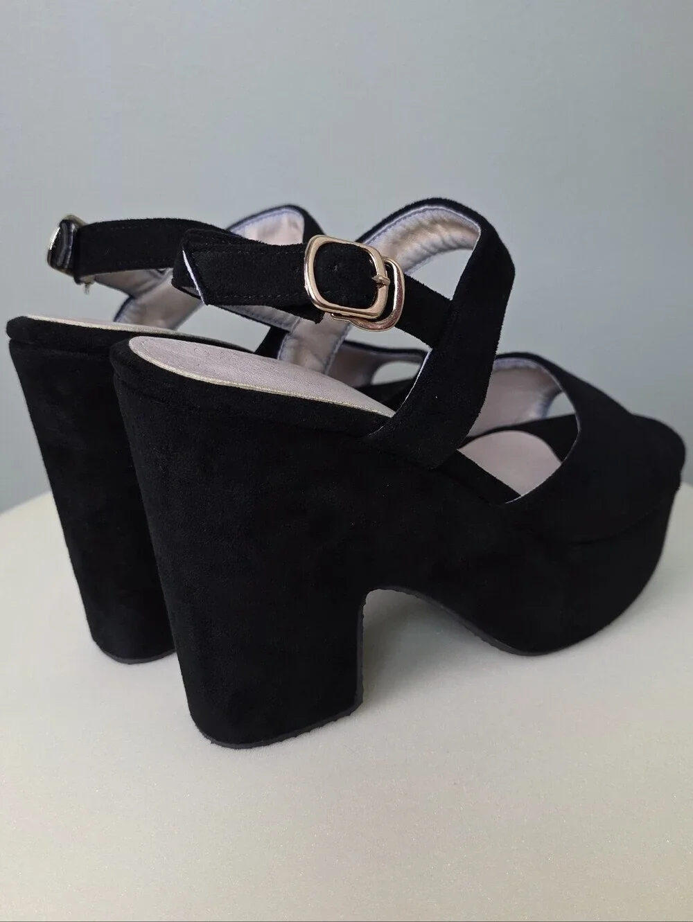 Retro Black Faux Suede Chunky Platform Sandals Open Toe Block Heel Y2K, EU 38